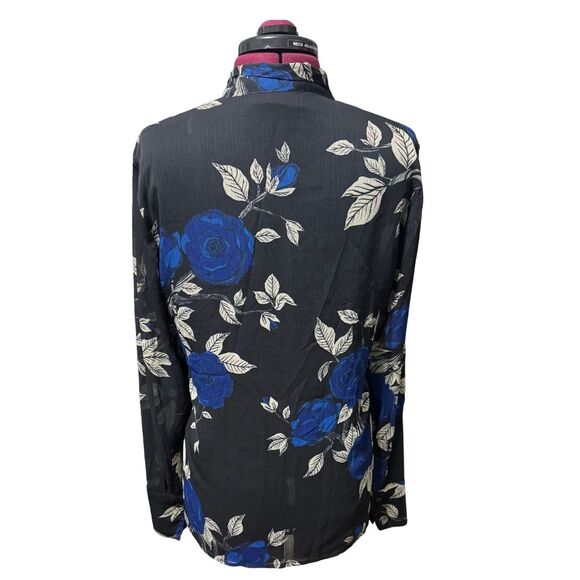JASON WU COLLECTIVE Blue Floral Tie Neck Blouse Longsleeve Button Down Top EUC 8 - Picture 5 of 8